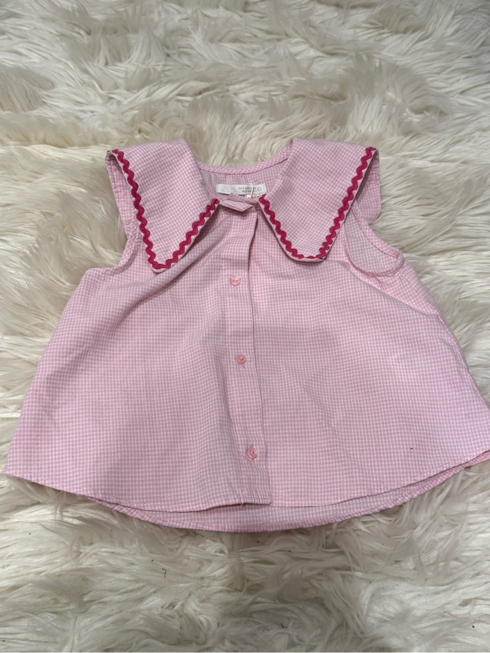 Zara Pink Gingham Baby Top with Hot Pink Rickrack Collar Size 4